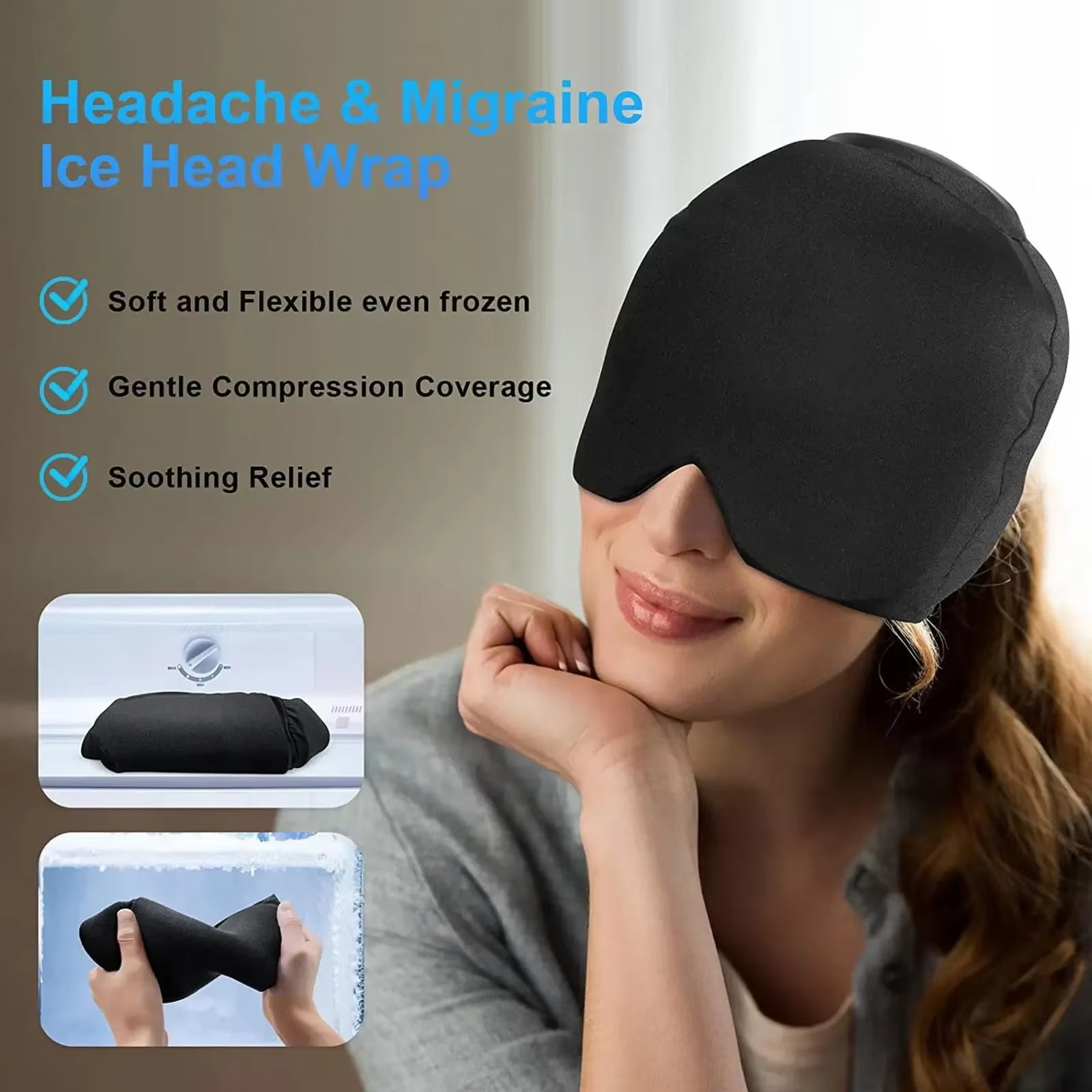 1Pc Ice Cap, Migraine Headache Head Wrap, Hot Cold Gel Hat, Gel Ice Pack, Light Blocking - with Extra Gel on the Top