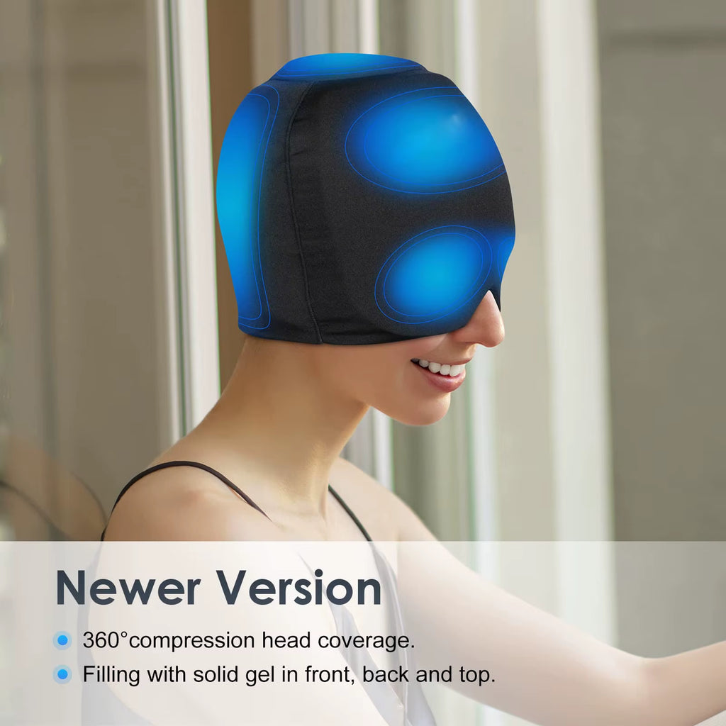 1Pc Ice Cap, Migraine Headache Head Wrap, Hot Cold Gel Hat, Gel Ice Pack, Light Blocking - with Extra Gel on the Top